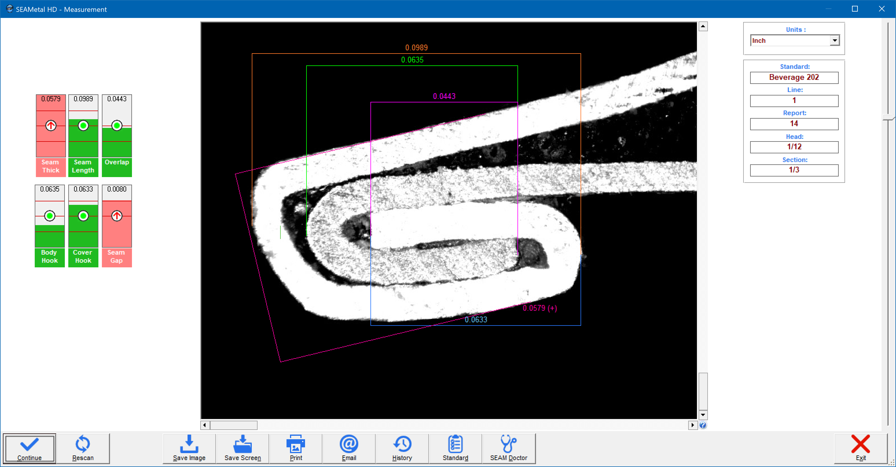 SEAMetal HD measurement software showing a double seam cross-section with seam thickness, length, overlap, body hook and cover hook readings